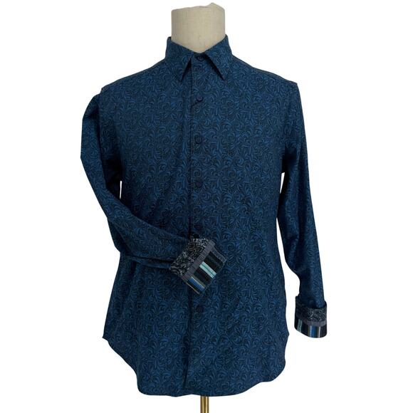 Robert Graham Woven Button Front Long Sleeve Bogart Navy Blue Black Damask M - Picture 1 of 9